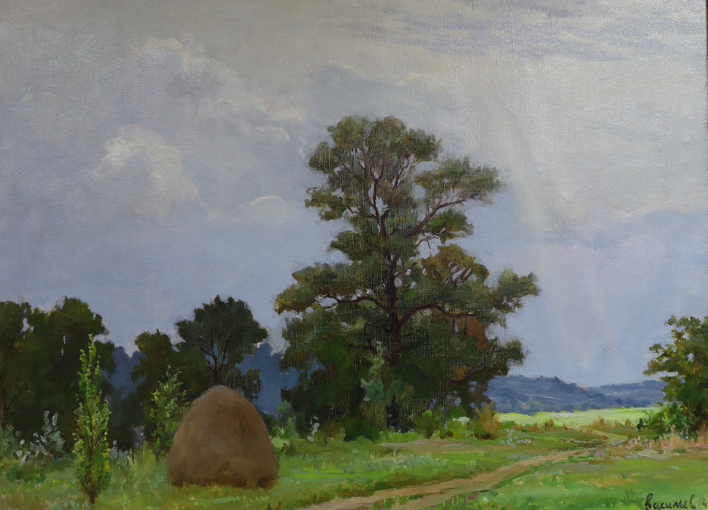 E. Vasiliev, oil on canvas, Landscape with Haystack, signed and dated 1946, 59 x 79cm